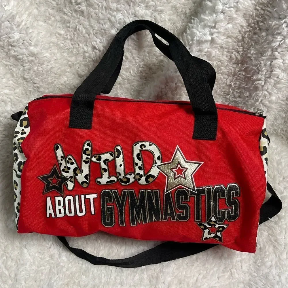 Justice Red and Cheetah print Gymnastics bag gold glitter accents black straps